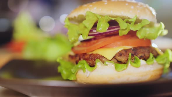 Juicy Hamburger on a Plate, Close-up