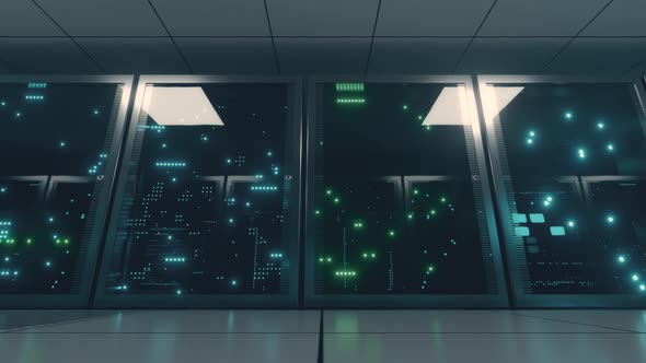 Networked and Data Servers Behind Glass Panels in a Server Room