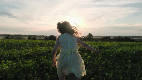 Happy little five-year-old girl runs across the green grass in a meadow toward the sunset.