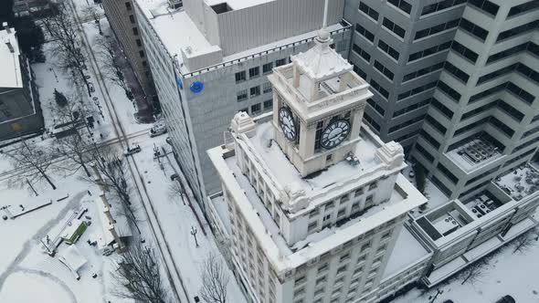 Clock Tower Covered in Snow During Winter in Portland