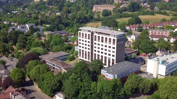 Exeter College Hele Tower in Devon, England on summer day, Aerial Pull Back View