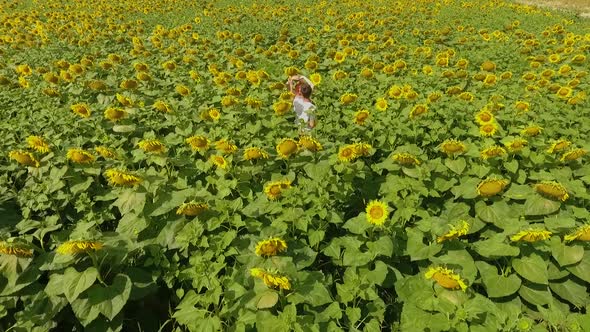 Top View of Man and Woman Walking on Yellow Sunflower Field