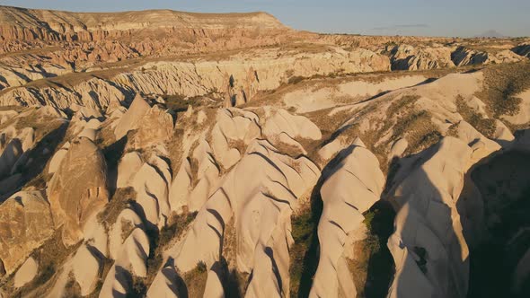 Cappadocia Aerial Drone View to Sunset Red and Rose Valley Rocks