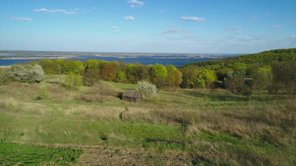 Aerial View Flying Over Vitachiv Village Hills Near Dnipro River at Sunset. Horodyshche Novgorod