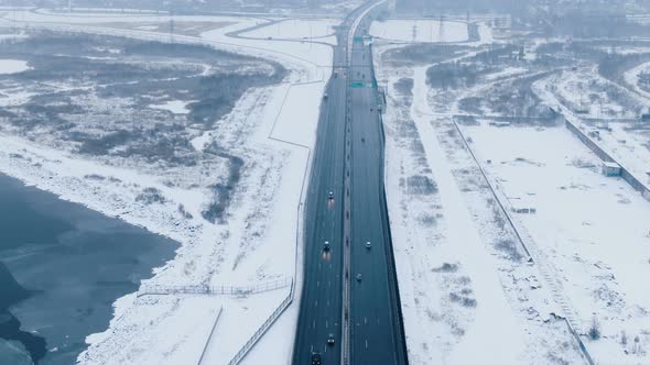 Aerial Shooting in the Fog - Highway with Cars Near the Interchange Ring