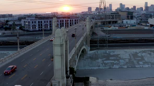 4th Street Bridge with Traffic & Cars Driving into Downtown Los Angeles. Aerial Drone Establishing R