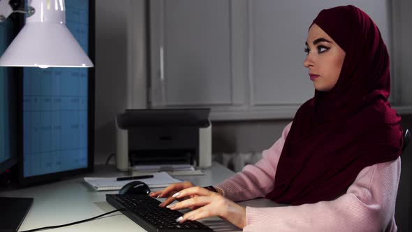 A Young Muslim Employee Works at Office Typing on Keyboard