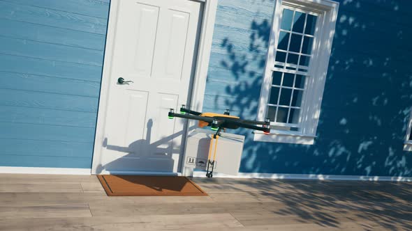 Hexacopter drone delivering ordered package directly to the door. Render 4k