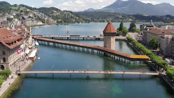 Aerial of bridges over canal in Luzern, Switzerland