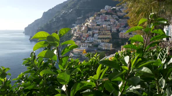Colorful Houses on the Amalfi Coast of Medditerrenean Sea in Positano, Italy. Rich Green Plants Are