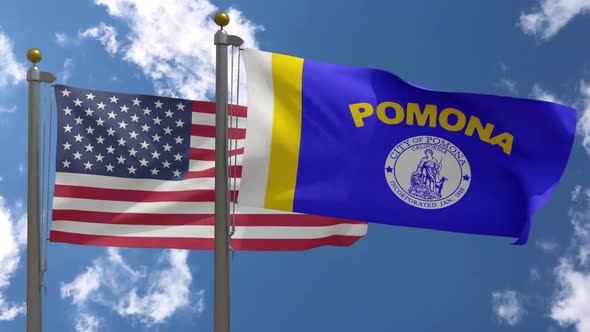 Usa Flag Vs Pomona City Flag California  On Flagpole