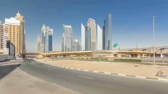 Busy Sheikh Zayed Road Timelapse Hyperlapse Metro Railway and Modern Skyscrapers Around in Luxury