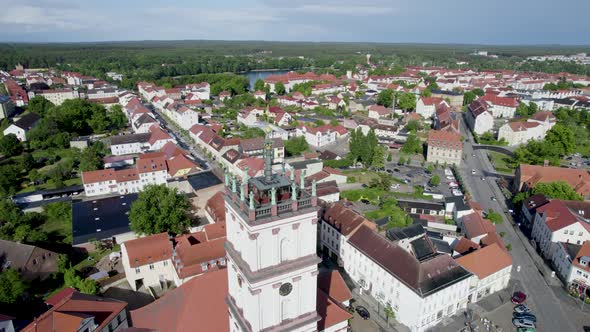 Aerial drone shot of Neustrelitz cityscape. Beautiful view over city church.