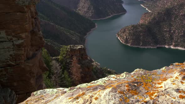 Dolly shot overlooking Flaming Gorge from Red Canyon overlook