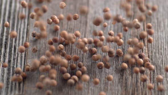 Falling coriander seeds on wooden table. Slow Motion.