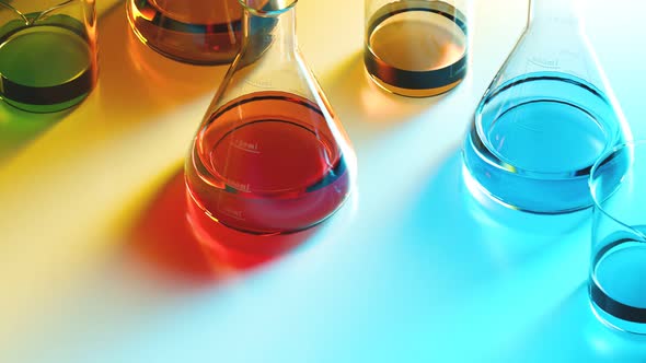 Colorful liquids in laboratory glassware. Beakers and flasks in the lab.