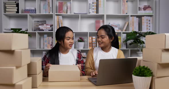 Twin girls checking order with laptop