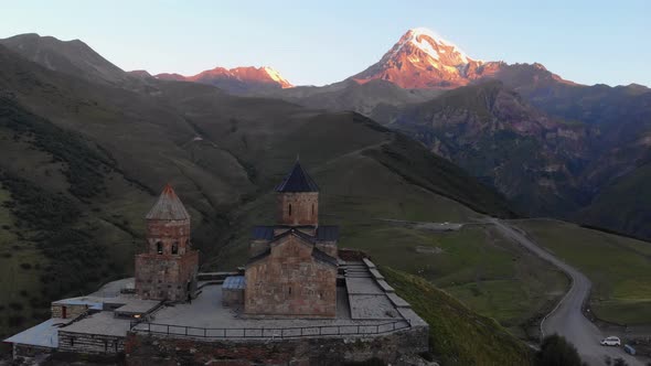 Aerial View At The Gergeti Trinity Church Tsminda Sameba