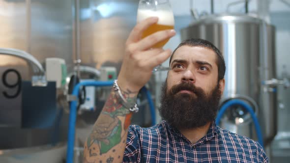 Professional Brewer Standing with Glass of Beer in Modern Brewery