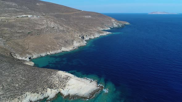 Psili Ammos beach on Serifos island in the Cyclades in Greece seen from the sky