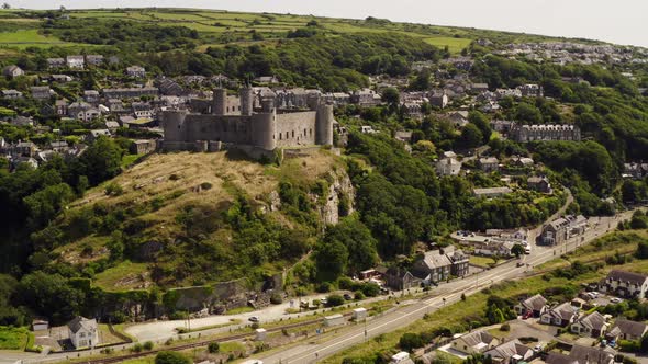 Harlech Castle in Harlech, Gwynedd, Wales, UK - showing how the coast has receded from the base of t