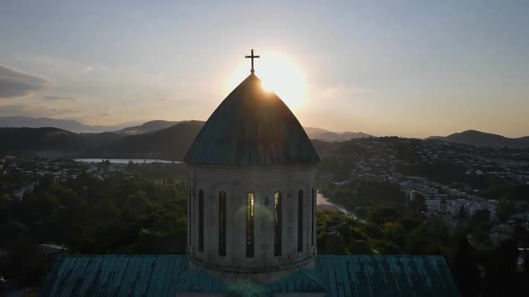 Flight Over Bagrati's Cathedral Kutaisi and Mountainscloseup at Sunset Georgia