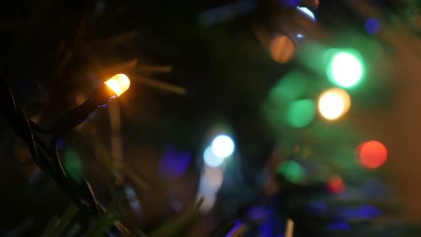 Close-up of colorful dot tree lights blinkling in dark 4K 2160p 30fps UltraHD video - Decorative Chr