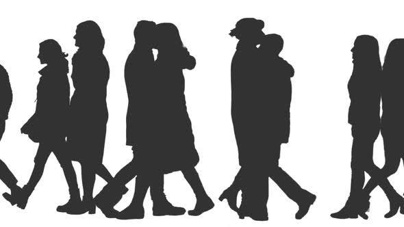 Side View of Walking People in Silhouettes, Alpha Channel