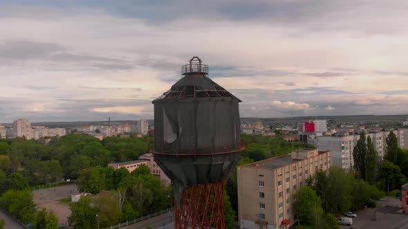 Aerial View of Old Wooden Water Tower in Small European City