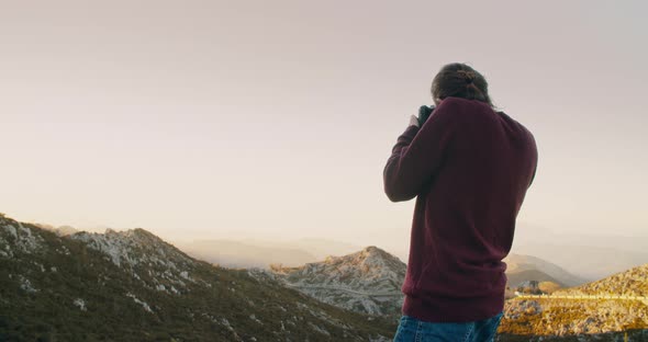 Young Adult Man on Journey Shoot Sunset Landscape Scenery