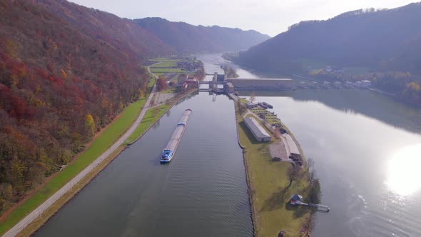 Cargo Pusher Transport Boat on a River Moving Freight and Goods