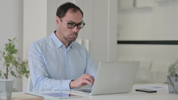 Middle Aged Man Celebrating While Using Laptop in Office on Bench