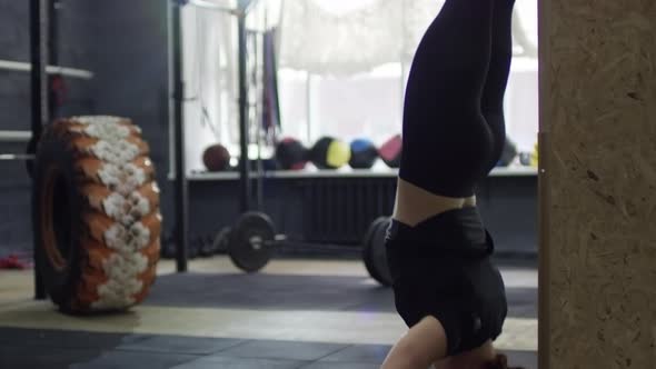 Female Athlete Doing Push-Ups in Handstand