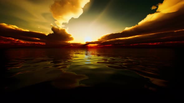 Twilight Sky in Colorful Bright Sunlight Reflects Off on the Water Surface