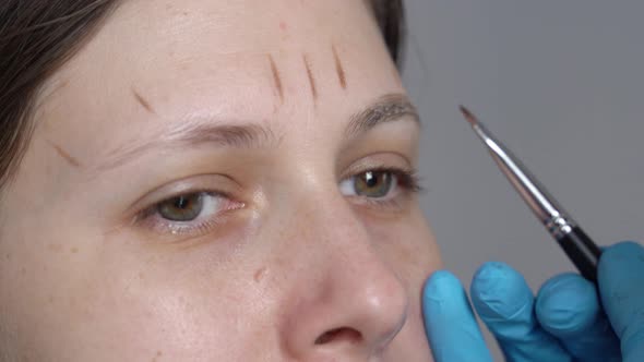 Women's Eyes and Eyebrows Closeup Markings are Applied on the Eyebrows to Build the Shape on Which