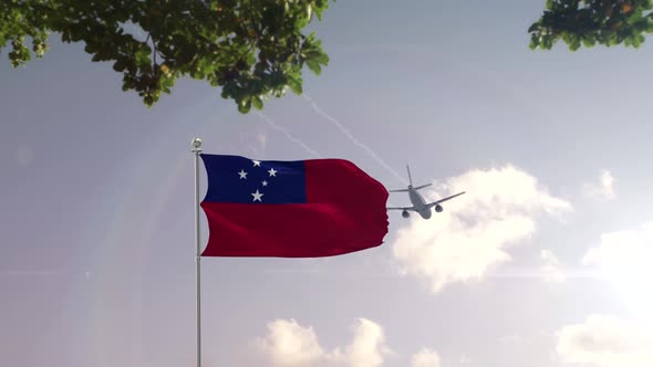 Samoa Flag With Airplane And City 