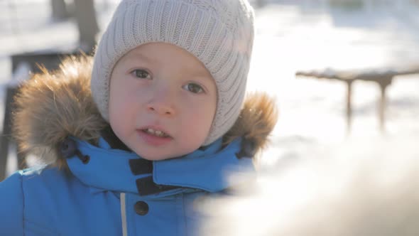 A Cute Little Boy Walks Through a Park in Winter, Entertainment Outdoor.