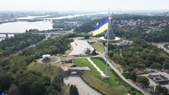 Kyiv - National Flag of Ukraine By Day. Aerial View. Kiev. Slow Motion