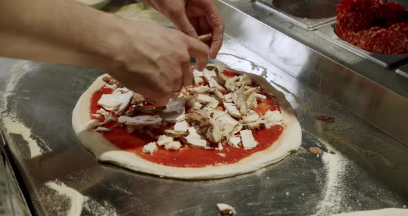 The chef prepares fresh pizza in the restaurant kitchen. Italian pizza.