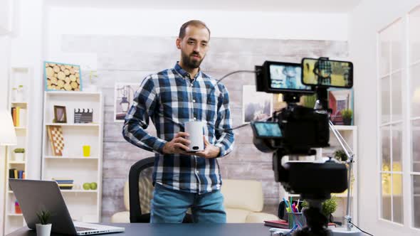 Adult Man Talking About the Technology of Smart Speaker