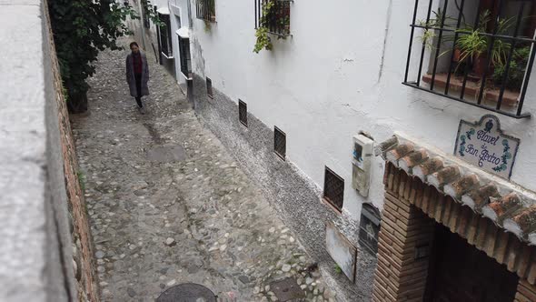 Joyful female tourist in casual wear amid city street