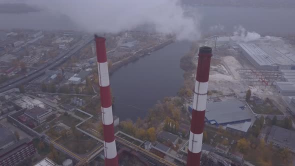 Smoke Comes From the Chimney. Aerial. Air Pollution. Ecology. Kyiv. Ukraine.