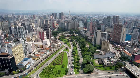 Crossing East Radial highway road and May 23 Avenue at downtown Sao Paulo