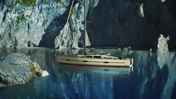 White Yacht Anchored in a Bay with Rocky Cliffs