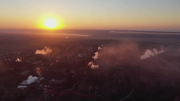 Aerial view. Air pollution. Smoke, dust and gas from a steel mill.