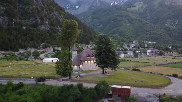 Church of Theth Village on Beautiful Panoramic High Alpine Mountains in Albania