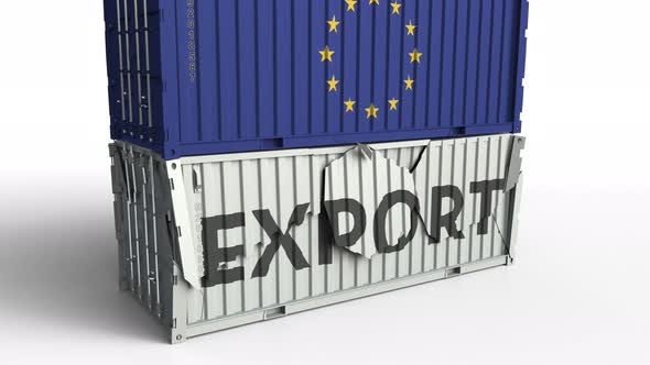 Container with EXPORT Text Being Crashed with Container with Flag of EU