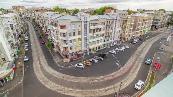 Traffic on Intersection of Trinkler and Mayakovsky Street Near Sumskoy Market Kharkov City Timelapse