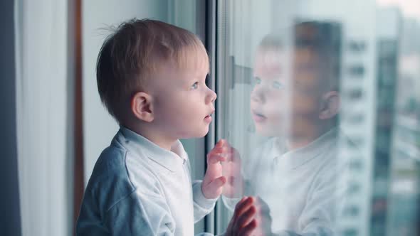 Little Kid on Home Quarantine Looking Out the Window Selfisolation in the Context of the Coronavirus