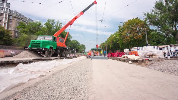 Road Construction Site with Tram Tracks Repair and Maintenance Timelapse Hyperlapse